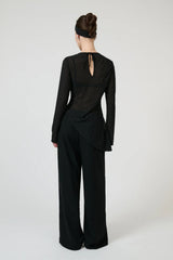 Chispa Top Black by Onte - sheer chiffon top with rhinestone detail and asymmetric hem, designed for a modern evening look.