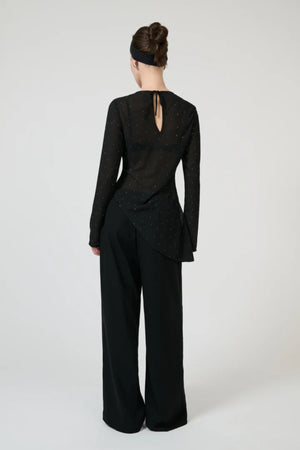 Chispa Top Black by Onte - sheer chiffon top with rhinestone detail and asymmetric hem, designed for a modern evening look.