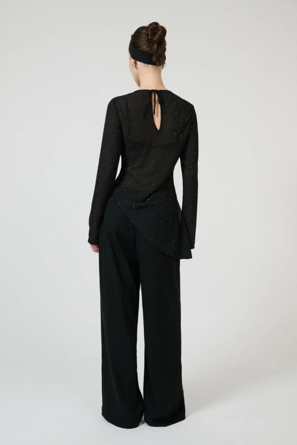Chispa Top Black by Onte - sheer chiffon top with rhinestone detail and asymmetric hem, designed for a modern evening look.