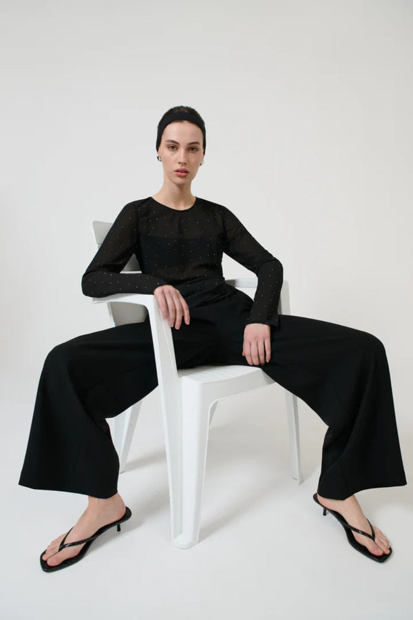 Chispa Top Black by Onte - sheer chiffon top with rhinestone detail and asymmetric hem, designed for a modern evening look.