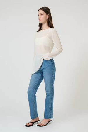 Chispa Top Off White by Onte - semi sheer chiffon top with crystal embellishment and asymmetric hem, perfect for elegant evening styling.