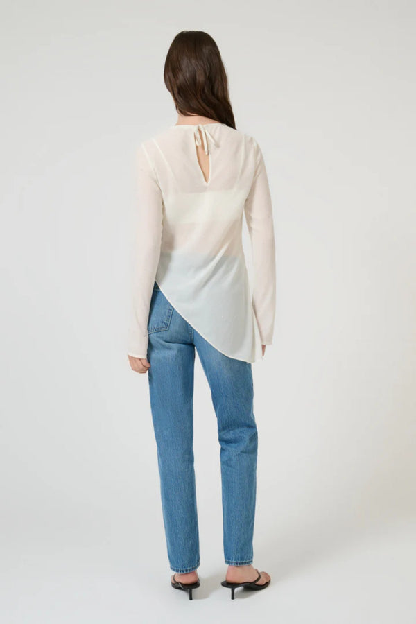Chispa Top Off White by Onte - semi sheer chiffon top with crystal embellishment and asymmetric hem, perfect for elegant evening styling.