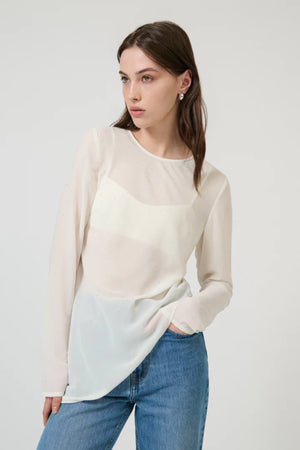 Chispa Top Off White by Onte - semi sheer chiffon top with crystal embellishment and asymmetric hem, perfect for elegant evening styling.