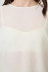Chispa Top Off White by Onte - semi sheer chiffon top with crystal embellishment and asymmetric hem, perfect for elegant evening styling.