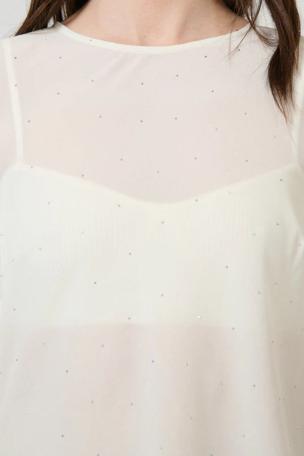 Chispa Top Off White by Onte - semi sheer chiffon top with crystal embellishment and asymmetric hem, perfect for elegant evening styling.