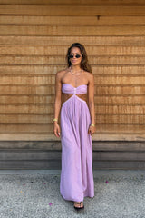 Chloe Dress Lilac by D'Artemide – One-size cotton dress with ruched back, side split, low back detail, and dreamy lilac tone.