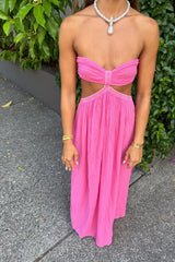 Chloe Dress Pink by D'Artemide – One-size cotton dress with ruched back, side split, low back detail, and soft pink elegance.