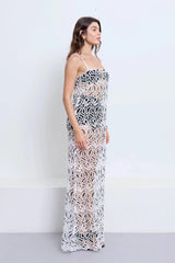 Chloe Dress With Underlayer Powder by Pfeiffer – monochrome crochet dress with scalloped edging, adjustable straps and matching underlayer shorts.