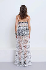 Chloe Dress With Underlayer Powder by Pfeiffer – monochrome crochet dress with scalloped edging, adjustable straps and matching underlayer shorts.