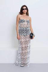 Chloe Dress With Underlayer Powder by Pfeiffer – monochrome crochet dress with scalloped edging, adjustable straps and matching underlayer shorts.