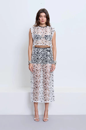 Chloe Skirt With Underlayer Powder by Pfeiffer – high waisted monochrome crochet midi skirt with underlayer and invisible side zip.