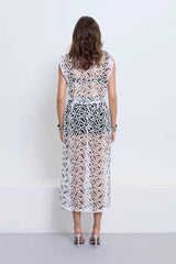 Chloe Skirt With Underlayer Powder by Pfeiffer – high waisted monochrome crochet midi skirt with underlayer and invisible side zip.