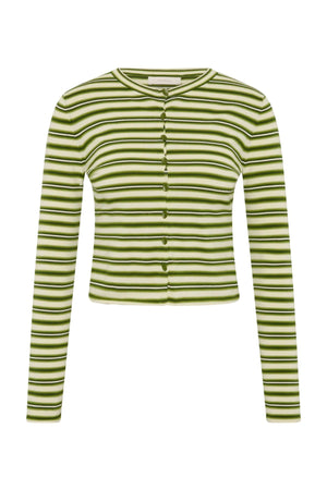 Cinta Cardigan by Faithfull the Brand — an ombré striped knit cardigan with a rounded neckline and fitted sleeves, perfect for easy layering.