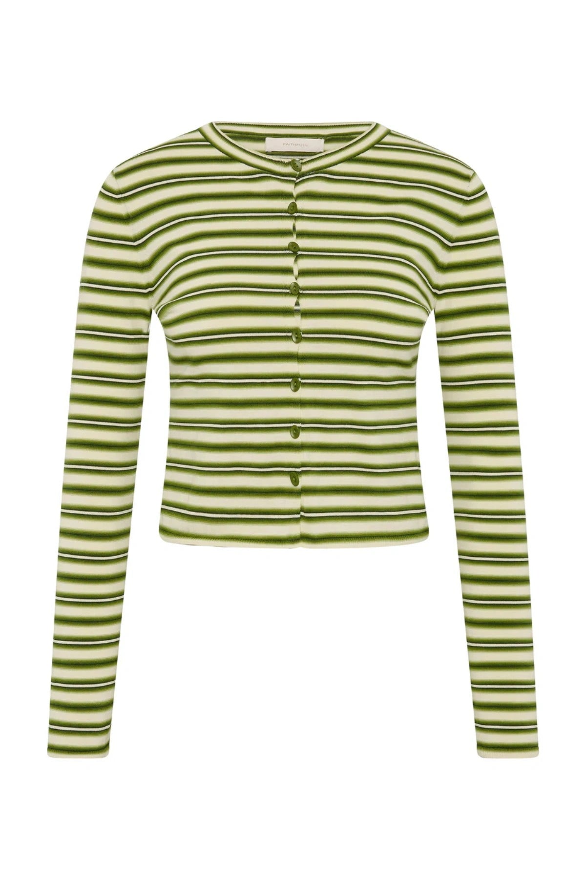 Cinta Cardigan by Faithfull the Brand — an ombré striped knit cardigan with a rounded neckline and fitted sleeves, perfect for easy layering.