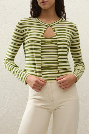 Cinta Cardigan by Faithfull the Brand — an ombré striped knit cardigan with a rounded neckline and fitted sleeves, perfect for easy layering.