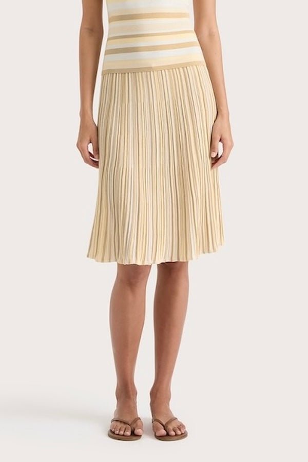Citara Drawstring Skirt Butter Stripe by Faithfull the Brand, striped midi skirt with elastic waist. Perfect for summer outfits or relaxed chic looks.