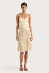 Citara Drawstring Skirt Butter Stripe by Faithfull the Brand, striped midi skirt with elastic waist. Perfect for summer outfits or relaxed chic looks.