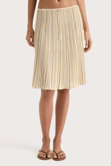 Citara Drawstring Skirt Butter Stripe by Faithfull the Brand, striped midi skirt with elastic waist. Perfect for summer outfits or relaxed chic looks.