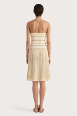 Citara Drawstring Skirt Butter Stripe by Faithfull the Brand, striped midi skirt with elastic waist. Perfect for summer outfits or relaxed chic looks.