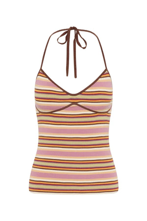 Citara Halter Top in Luis Stripe Dusty Mauve by Faithfull the Brand, a knit halter with V-neckline and underbust detail. Perfect with the matching shorts.