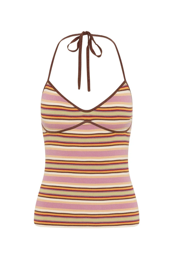 Citara Halter Top in Luis Stripe Dusty Mauve by Faithfull the Brand, a knit halter with V-neckline and underbust detail. Perfect with the matching shorts.