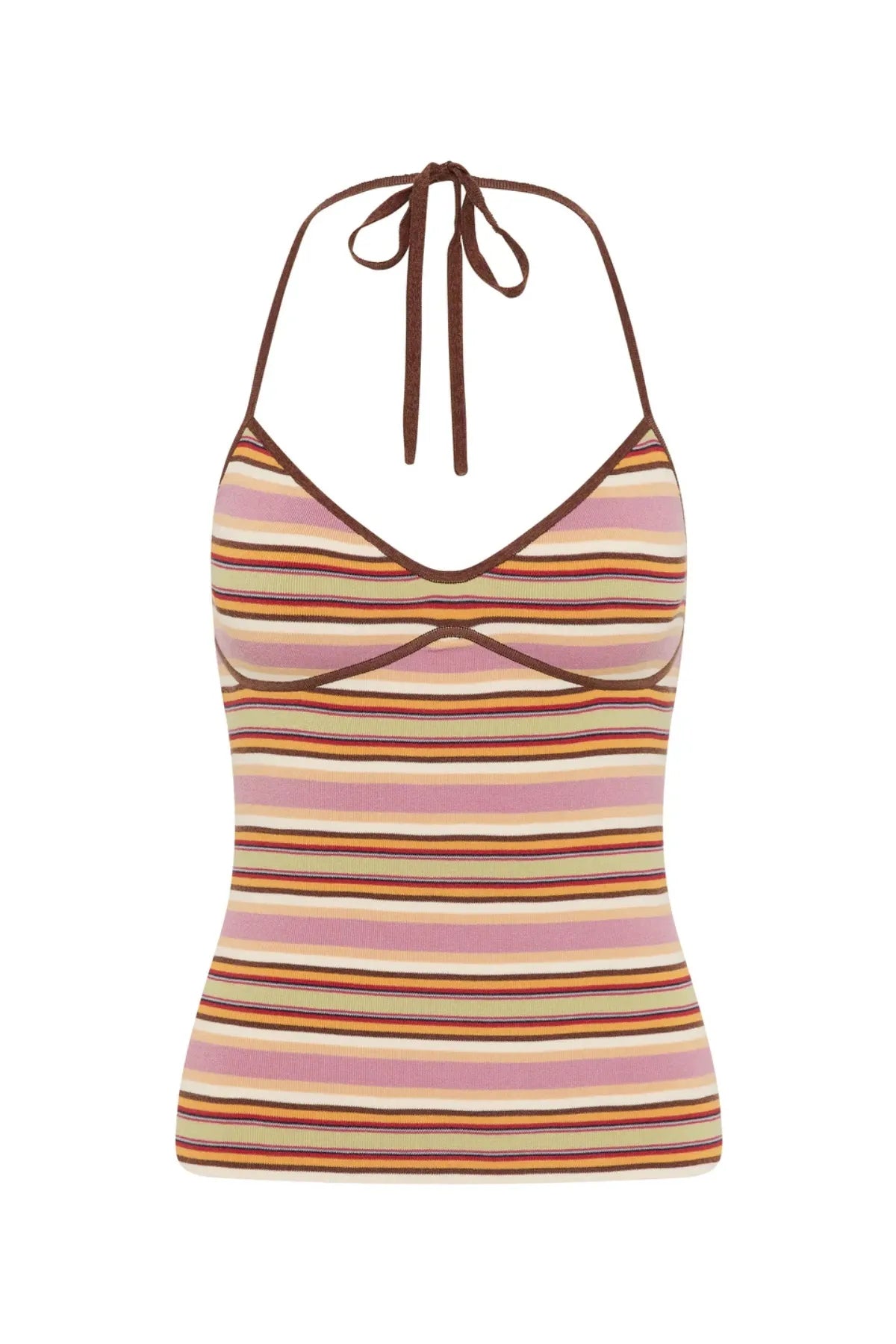 Citara Halter Top in Luis Stripe Dusty Mauve by Faithfull the Brand, a knit halter with V-neckline and underbust detail. Perfect with the matching shorts.