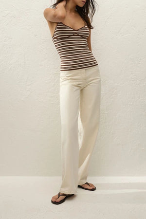 Citara Halter Top in Ombre Stripe Macro Carob by Faithfull the Brand, a stretch knit halter with tie neck and chocolate stripe finish.