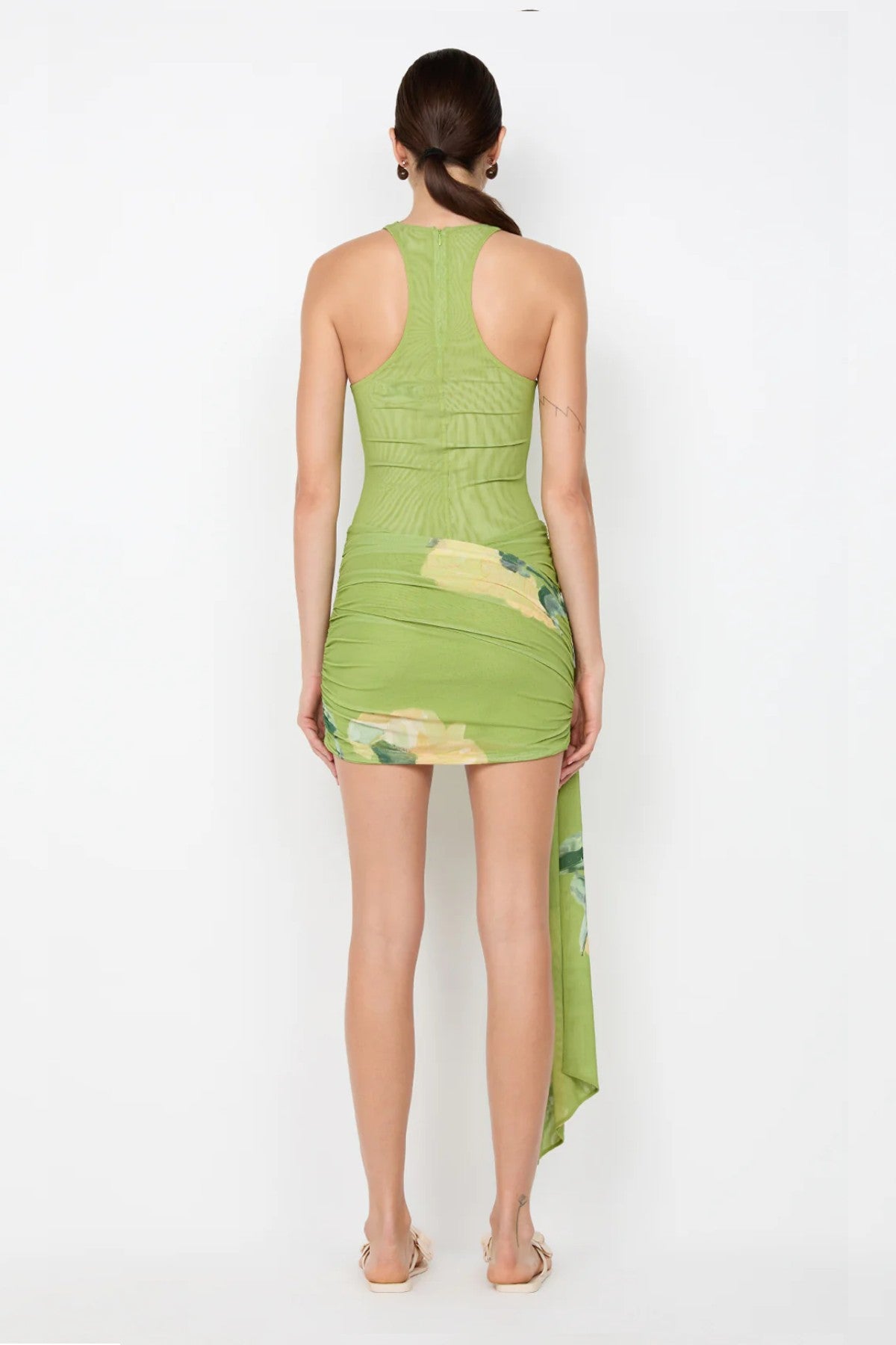 Citrina Mini Dress by Bec + Bridge, a floral cowl-neck mini with racer back, gathered skirt, and sash detail for effortless summer sophistication.