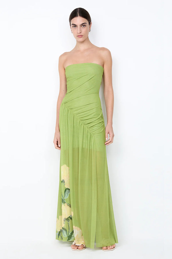Citrina Strapless Dress by Bec + Bridge, a floral strapless maxi with gathered diagonal seam and leg split for fluid, elegant summer sophistication.
