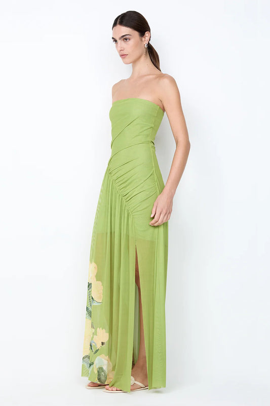Citrina Strapless Dress by Bec + Bridge, a floral strapless maxi with gathered diagonal seam and leg split for fluid, elegant summer sophistication.