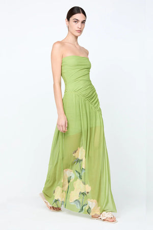 Citrina Strapless Dress by Bec + Bridge, a floral strapless maxi with gathered diagonal seam and leg split for fluid, elegant summer sophistication.