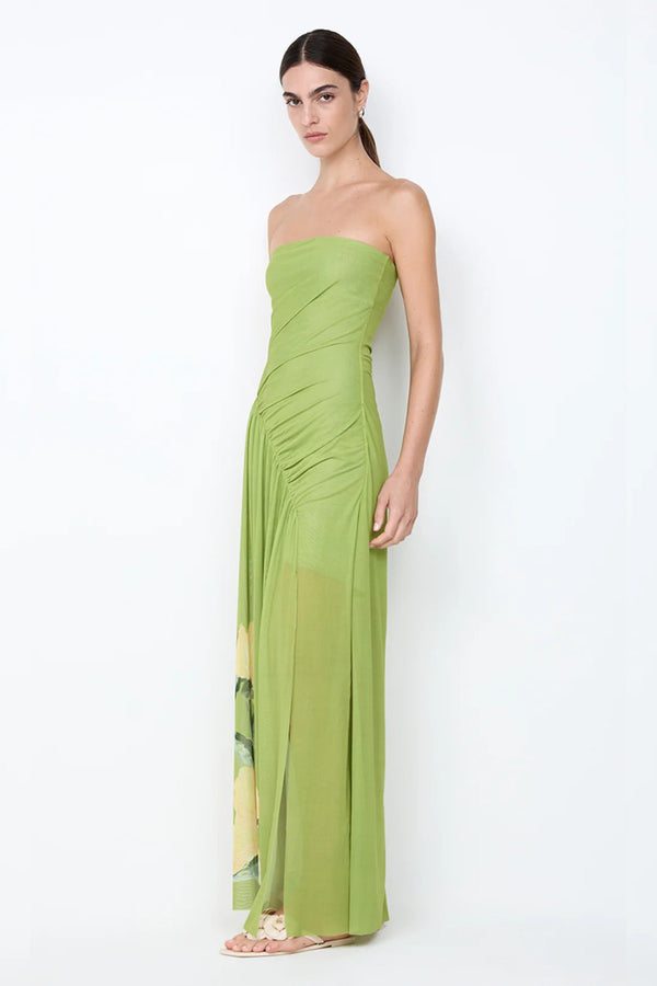 Citrina Strapless Dress by Bec + Bridge, a floral strapless maxi with gathered diagonal seam and leg split for fluid, elegant summer sophistication.