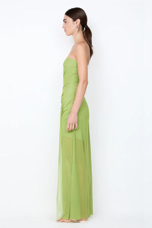 Citrina Strapless Dress by Bec + Bridge, a floral strapless maxi with gathered diagonal seam and leg split for fluid, elegant summer sophistication.