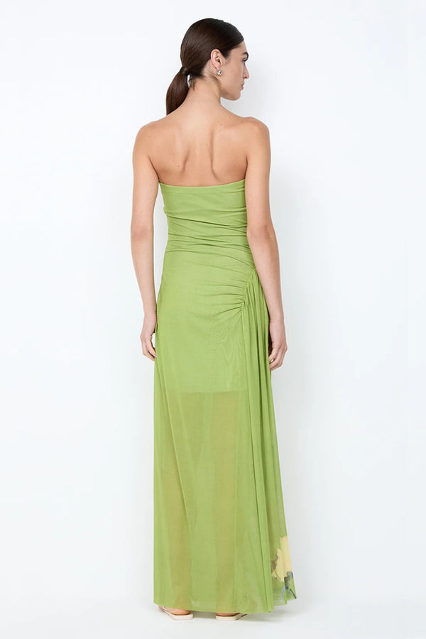 Citrina Strapless Dress by Bec + Bridge, a floral strapless maxi with gathered diagonal seam and leg split for fluid, elegant summer sophistication.