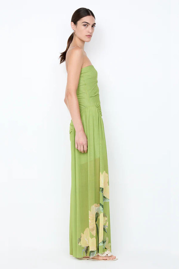 Citrina Strapless Dress by Bec + Bridge, a floral strapless maxi with gathered diagonal seam and leg split for fluid, elegant summer sophistication.