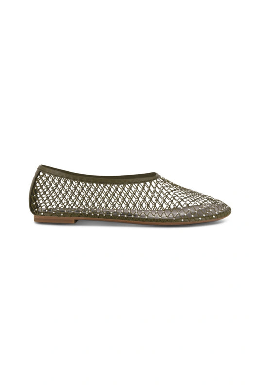 Clarissa Ballet Flat Olive Netting/Crystal Clear by Senso, mesh flats with crystal embellishments and rounded toe, a chic trendy piece perfect for day-to-night wear.