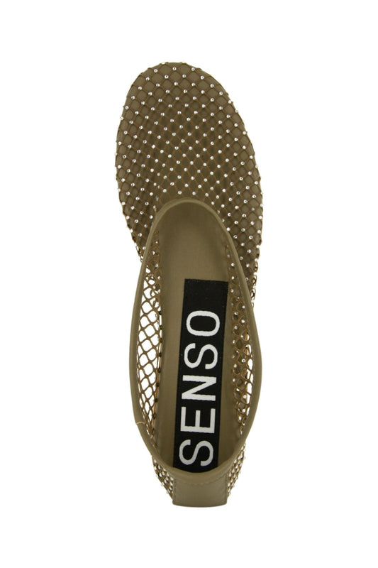 Clarissa Ballet Flat Olive Netting/Crystal Clear by Senso, mesh flats with crystal embellishments and rounded toe, a chic trendy piece perfect for day-to-night wear.