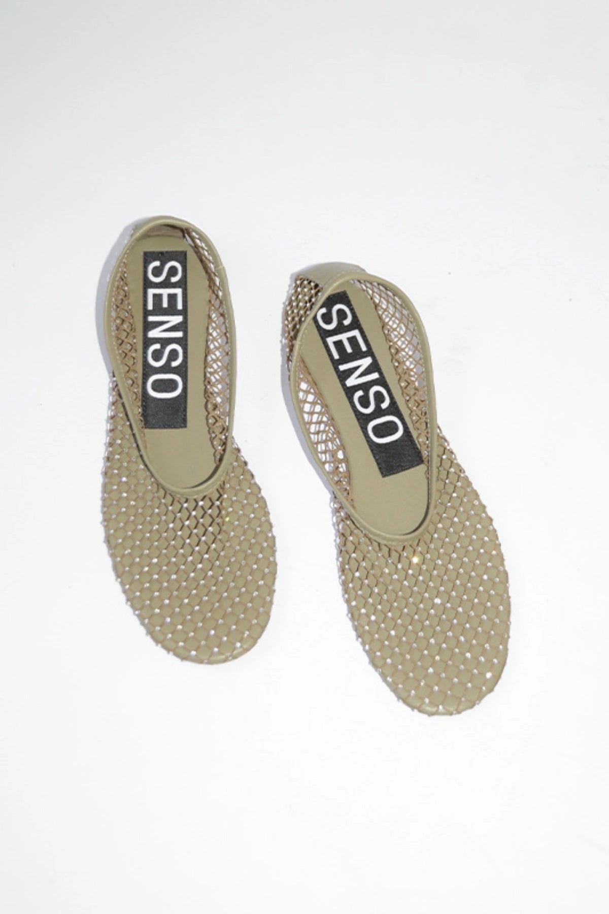 Clarissa Ballet Flat Olive Netting/Crystal Clear by Senso, mesh flats with crystal embellishments and rounded toe, a chic trendy piece perfect for day-to-night wear.