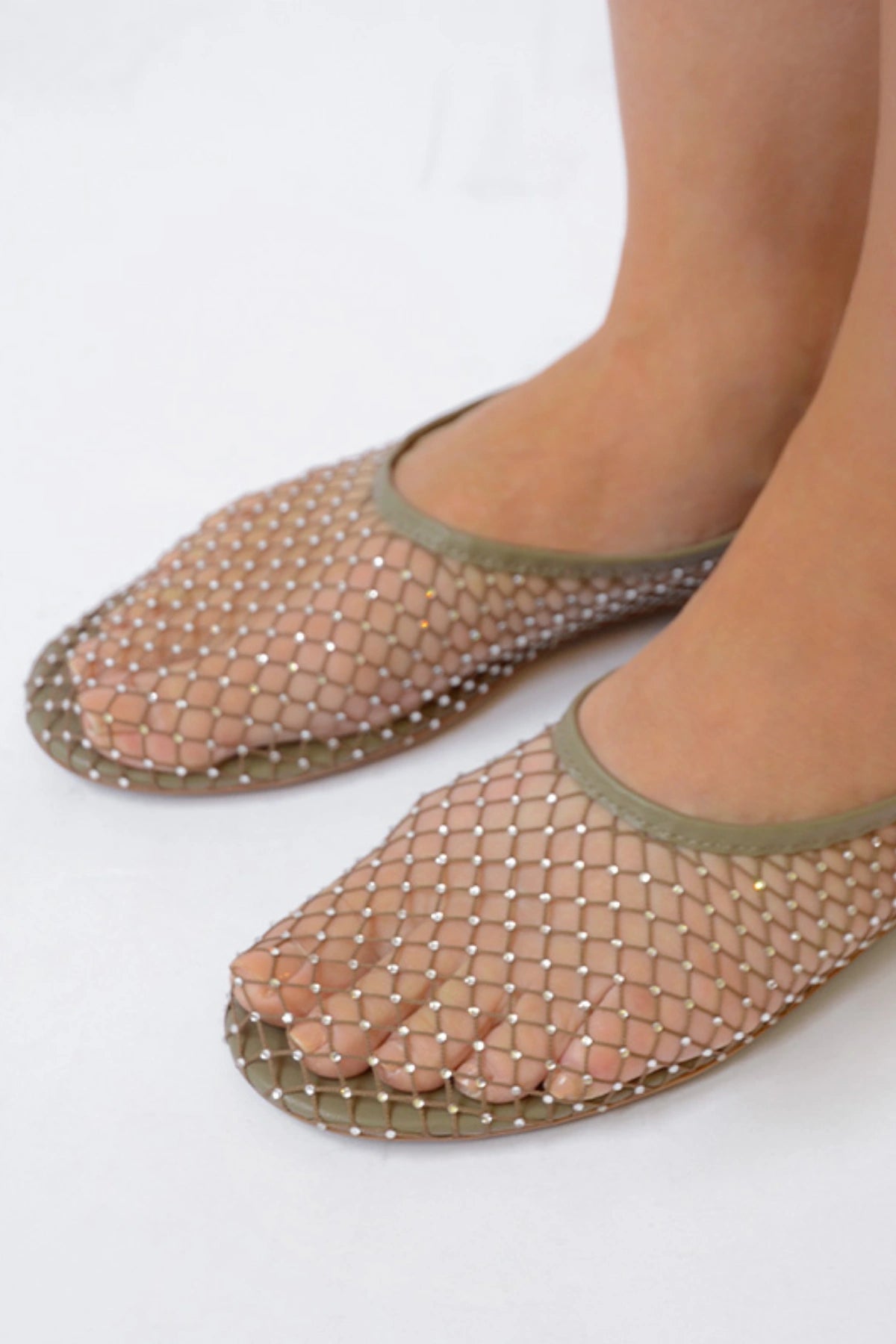 Clarissa Ballet Flat Olive Netting/Crystal Clear by Senso, mesh flats with crystal embellishments and rounded toe, a chic trendy piece perfect for day-to-night wear.