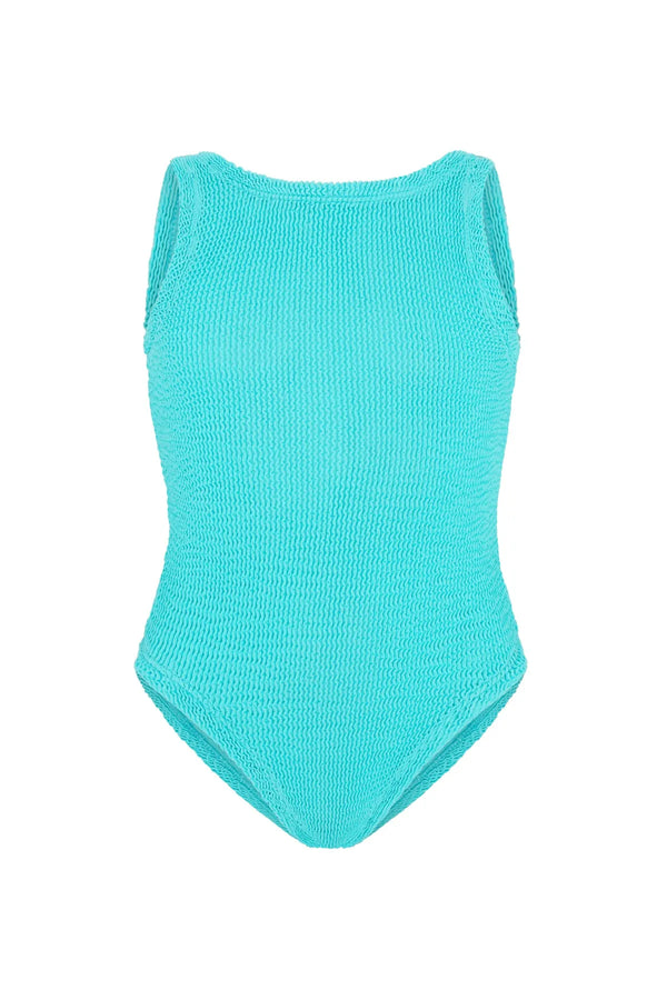 Classic Swim Aqua by Hunza G, crinkle fabric swimsuit with square neck. Perfect for beach days or kids summer styling.