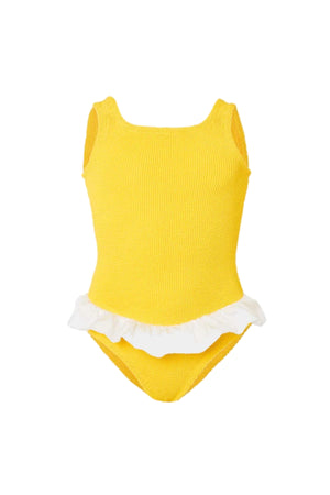 Classic Swim Sunflower by Hunza G, a stretchy crinkle one-piece for ages 3–6. Perfect for beach play, dancing, or dress-up fun.