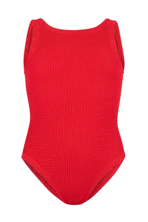 Classic Swim in Bubblegum by Hunza G, a soft crinkle one-piece for ages 3–6. Perfect for twirls, beach days, and playful adventures.