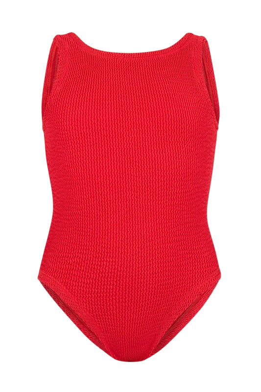 Classic Swim in Bubblegum by Hunza G, a soft crinkle one-piece for ages 3–6. Perfect for twirls, beach days, and playful adventures.