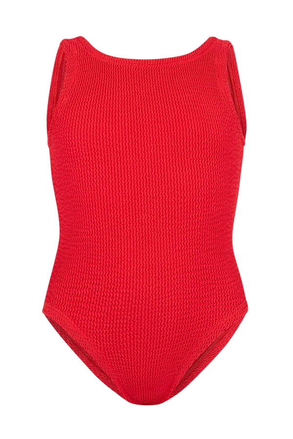 Classic Swim in Bubblegum by Hunza G, a soft crinkle one-piece for ages 3–6. Perfect for twirls, beach days, and playful adventures.