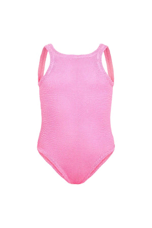 Classic Swim in Bubblegum by Hunza G, a soft crinkle one-piece for ages 3–6. Perfect for twirls, beach days, and playful adventures.