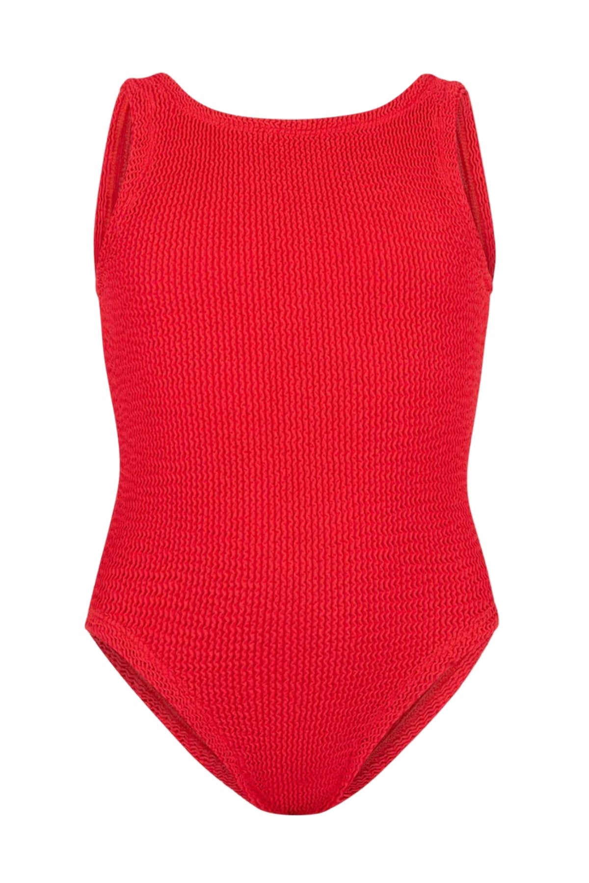 Classic Swim in Bubblegum by Hunza G, a soft crinkle one-piece for ages 3–6. Perfect for twirls, beach days, and playful adventures.