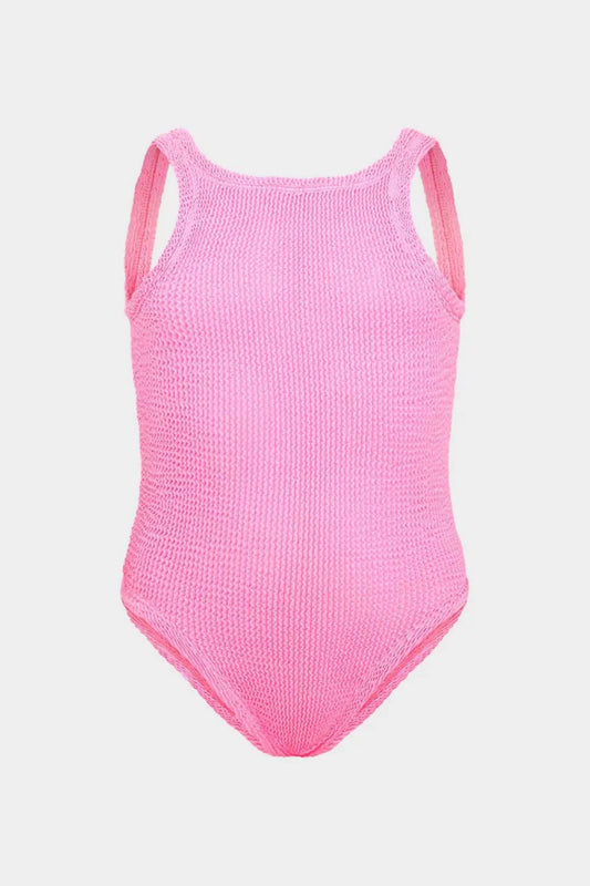 Classic Swim in Bubblegum by Hunza G, kids’ crinkle one-piece with a square neckline for ages 7–12. Perfect for sunny pool and beach days.