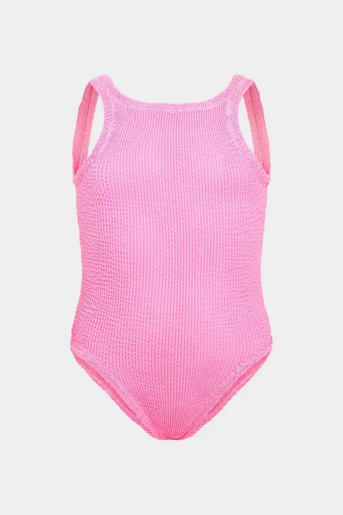 Classic Swim in Bubblegum by Hunza G, kids’ crinkle one-piece with a square neckline for ages 7–12. Perfect for sunny pool and beach days.