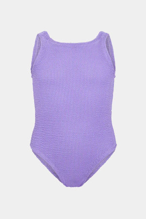Classic Swim in Lilac by Hunza G, stretchy crinkle one-piece designed for ages 7–12. Ideal for sunny vacations and swim play.