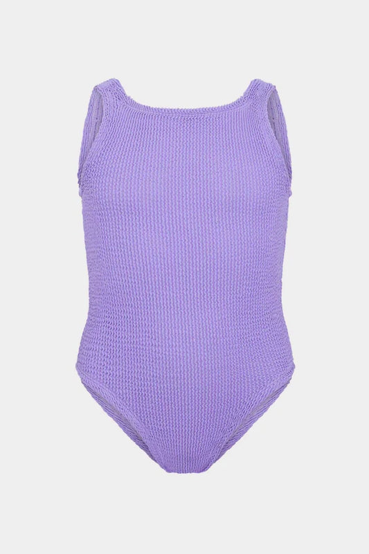 Classic Swim in Lilac by Hunza G, stretchy crinkle one-piece designed for ages 7–12. Ideal for sunny vacations and swim play.
